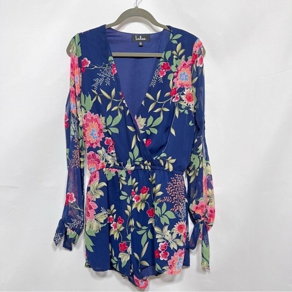 Lulus Run Away With Me Navy Blue Floral Print Long Sleeve Romper